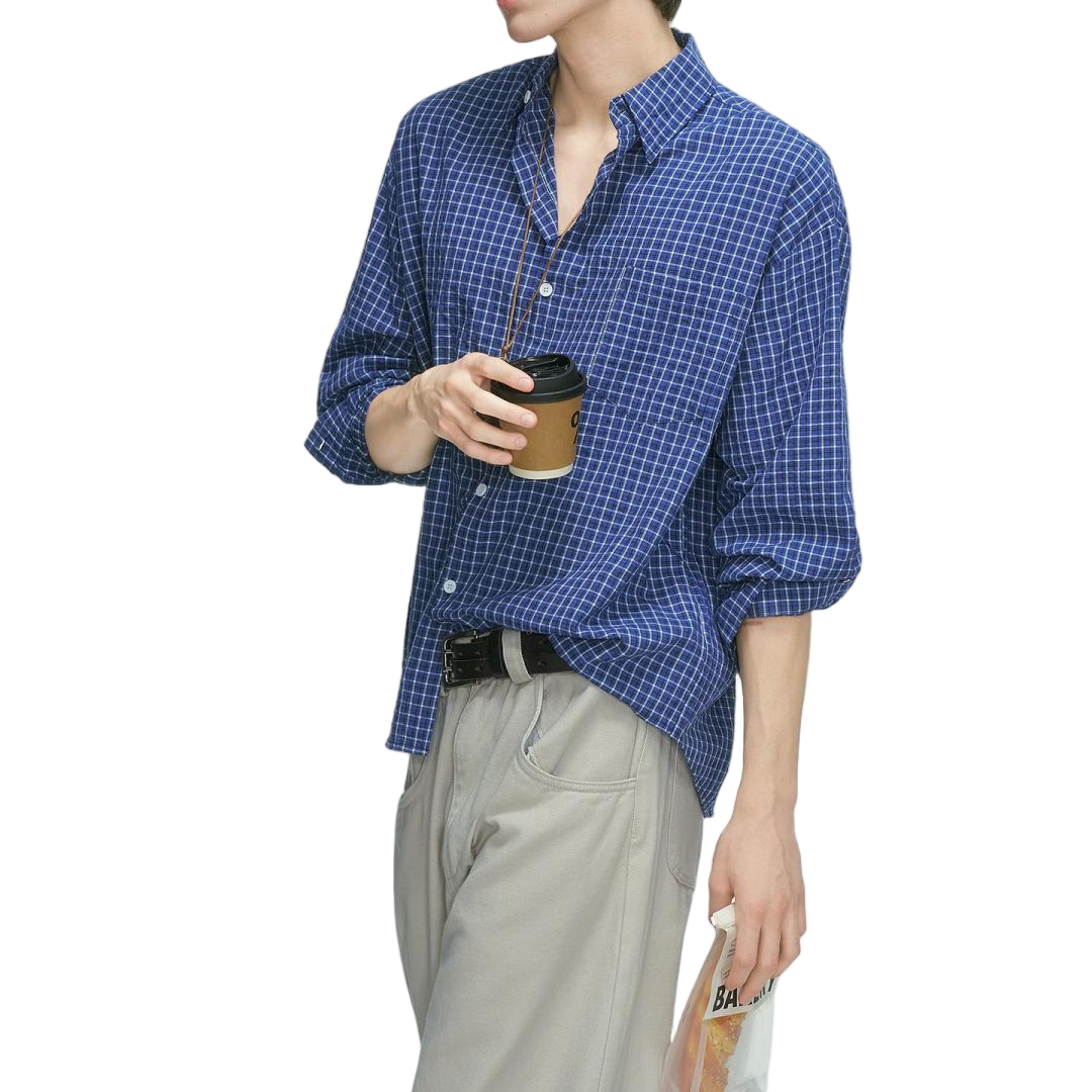 Blue Gingham Long Sleeve Button Down Shirt - view 4