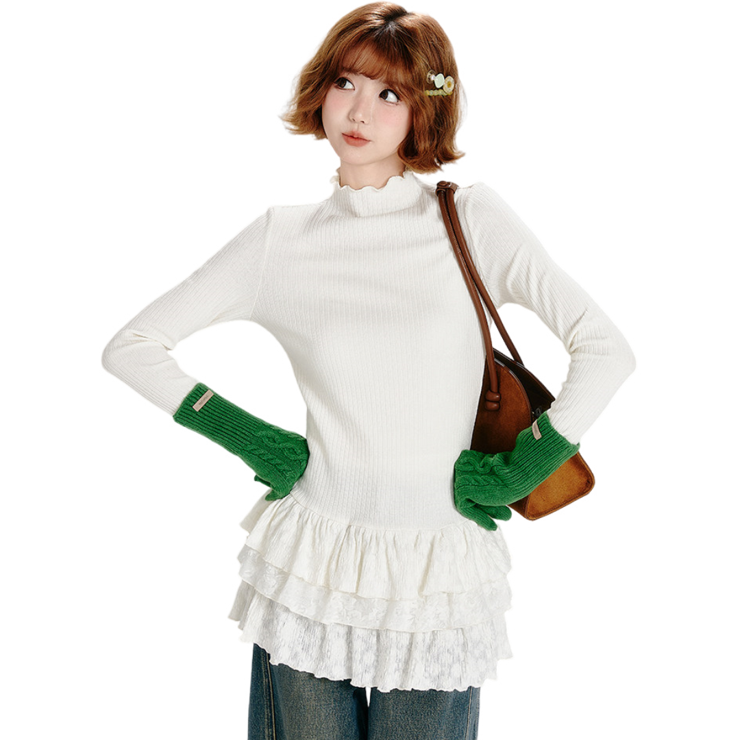 Rib-Knit Layered Ruffle High Neck Long Sleeve T-Shirt - view 4