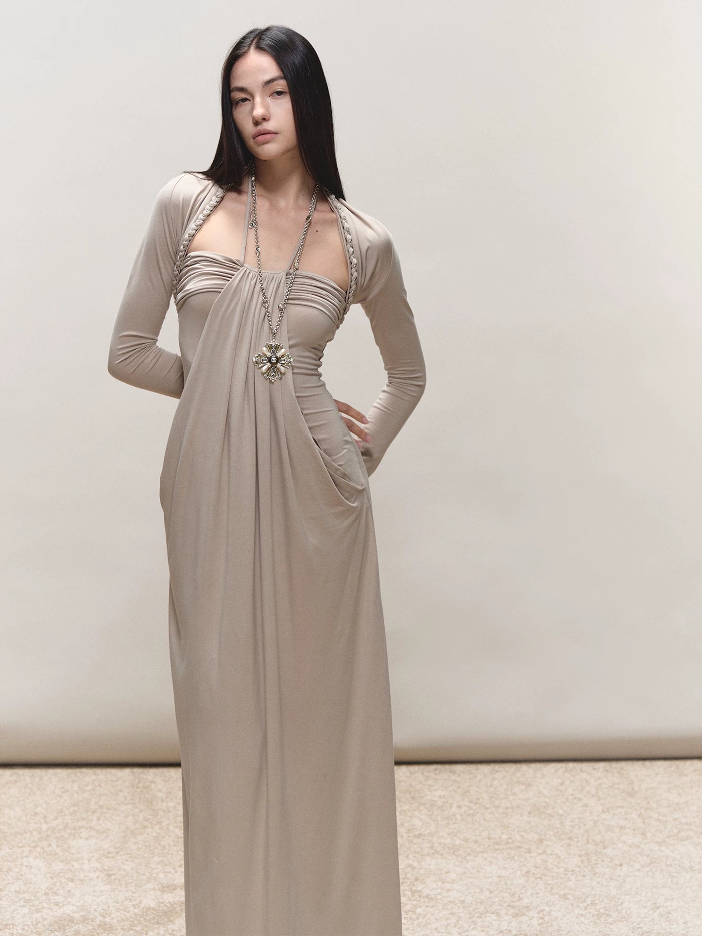 Lyocell Ruched Halter Dress with Braided Chain Detail