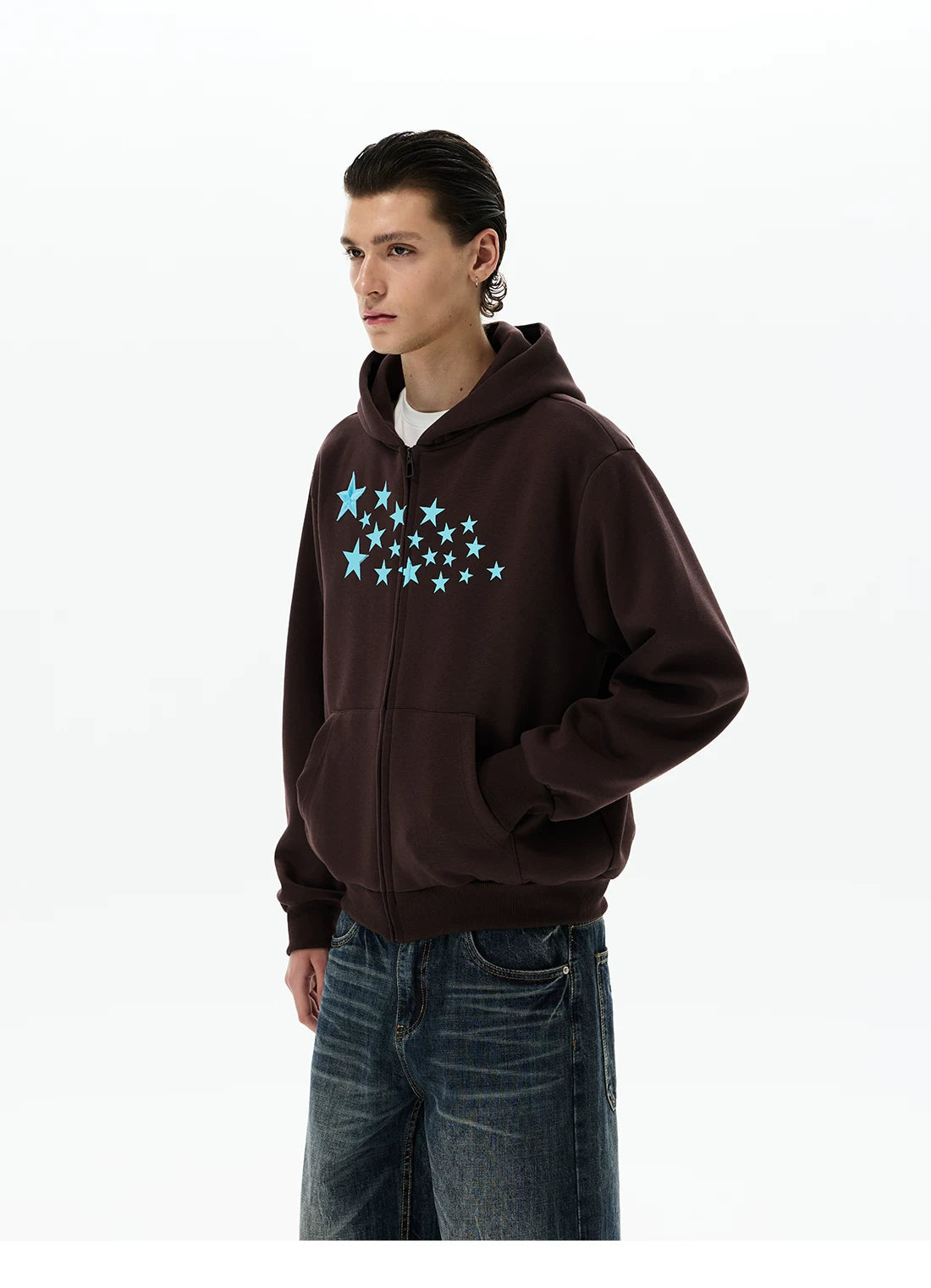 Coffee brown hoodie, side view with blue star print
