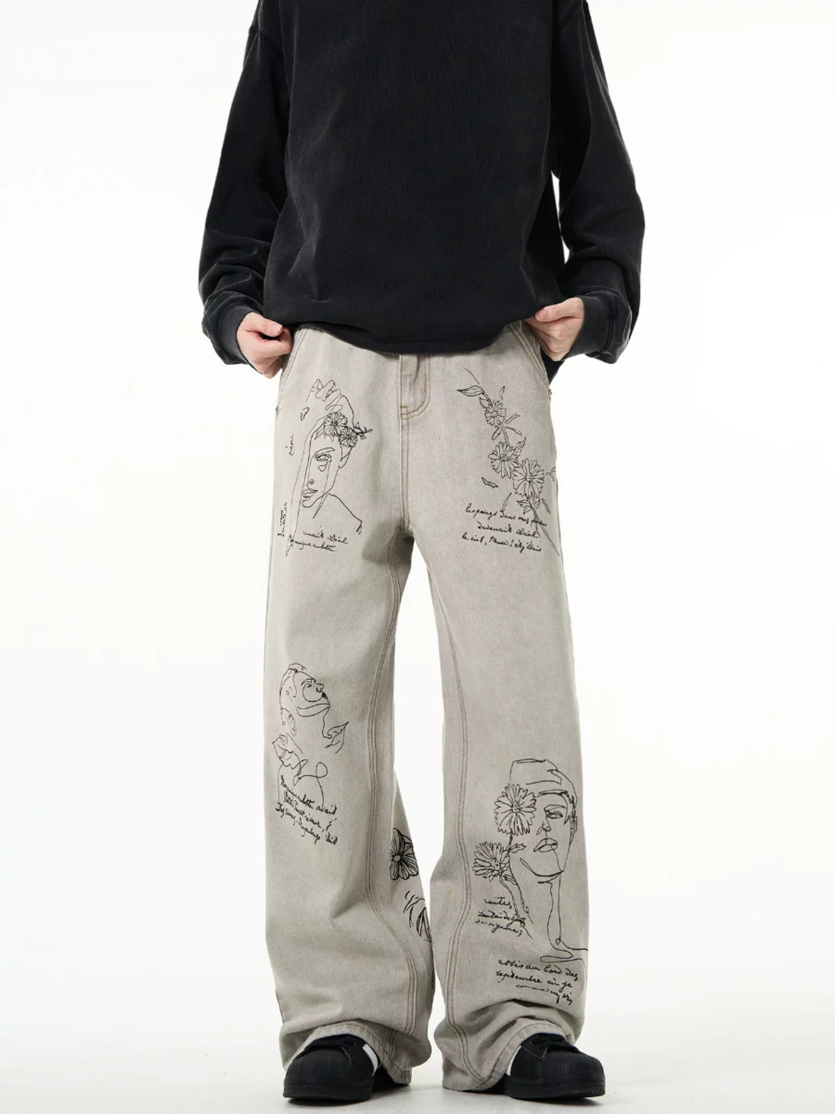 Graffiti Distressed Flared Denim Jeans