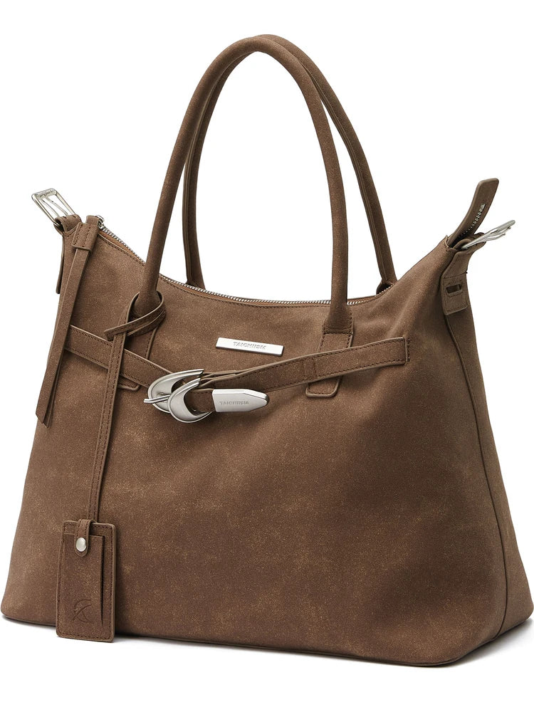 Washed Suede-Effect Strap Tote Bag