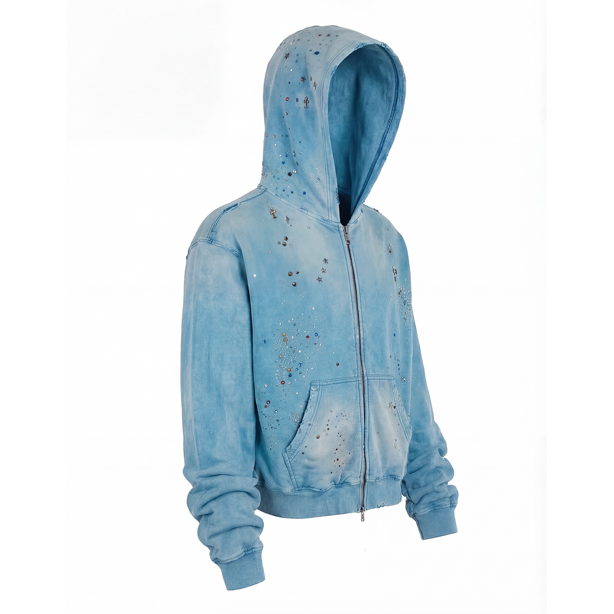 Blue rhinestone zip hoodie product view