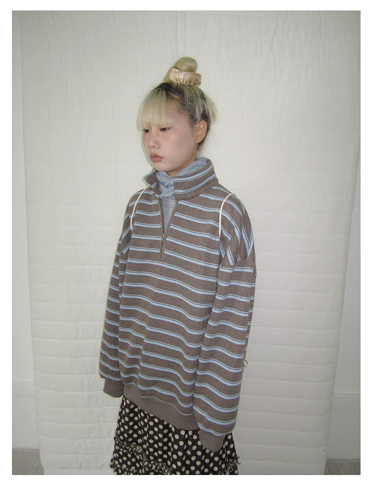 Brown Stripe Half-Zip Sweatshirt