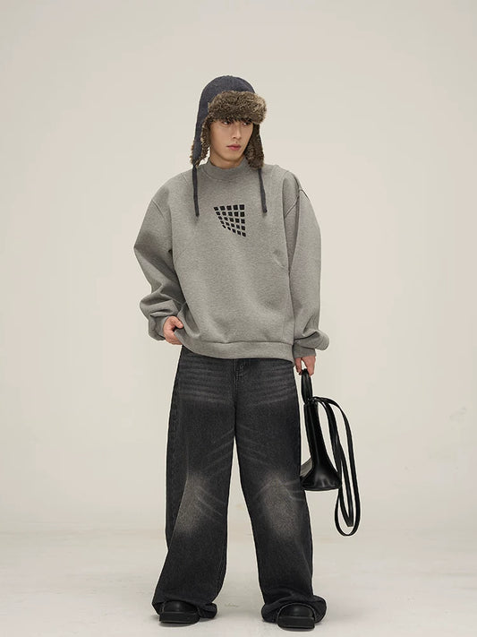 Grid Motif Relaxed Crewneck Sweatshirt in gray