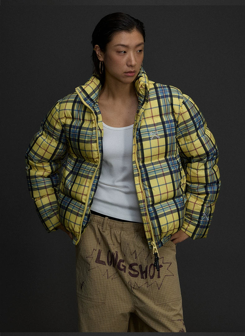 Yellow Plaid Hooded Puffer Jacket product photo, yellow plaid