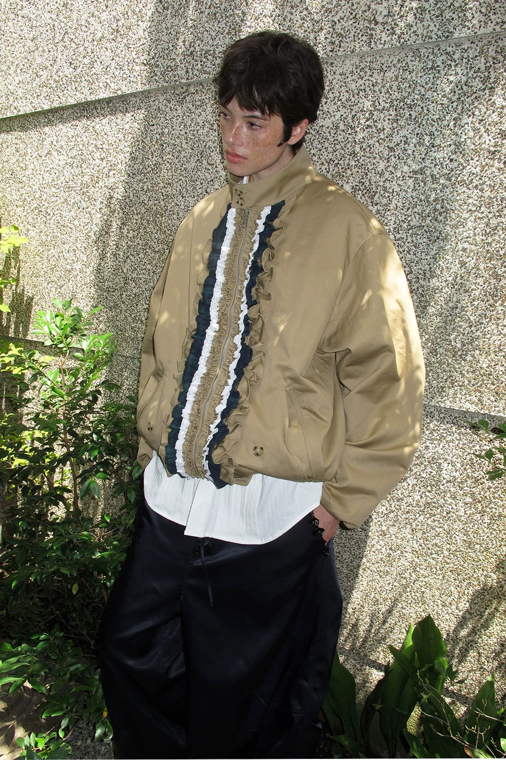 Ruffle-Trim Contrast Khaki Jacket