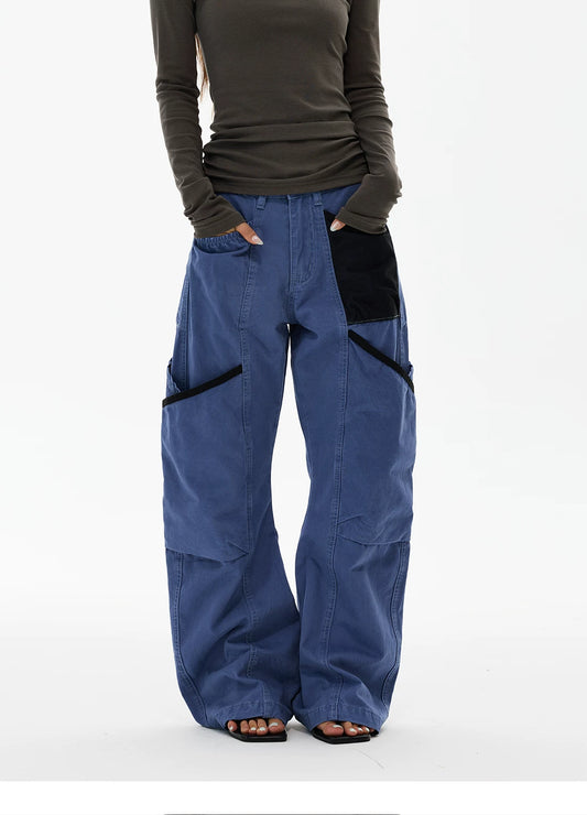 Workwear blue wide-leg cargo pants, back view