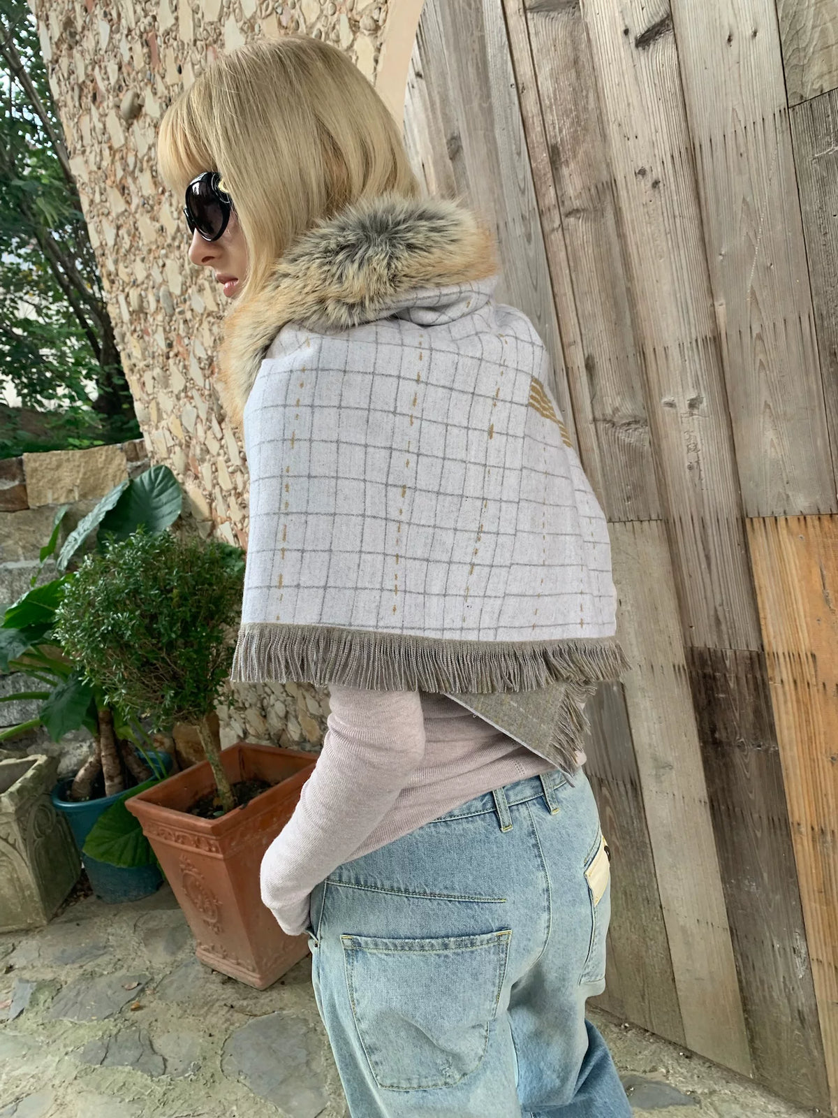 Detachable Fringe Plaid Wrap Scarf