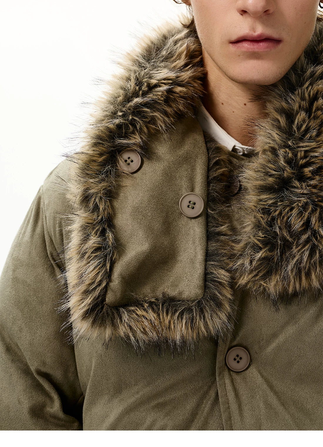 Olive padded jacket with detachable shaggy collar, collar close-up