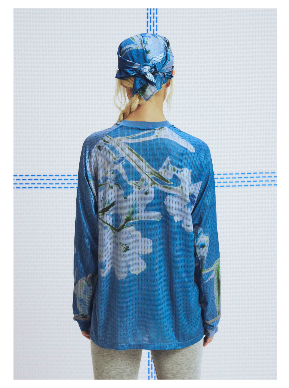 Ice flower blue nature print mesh long sleeve T-shirt, back view