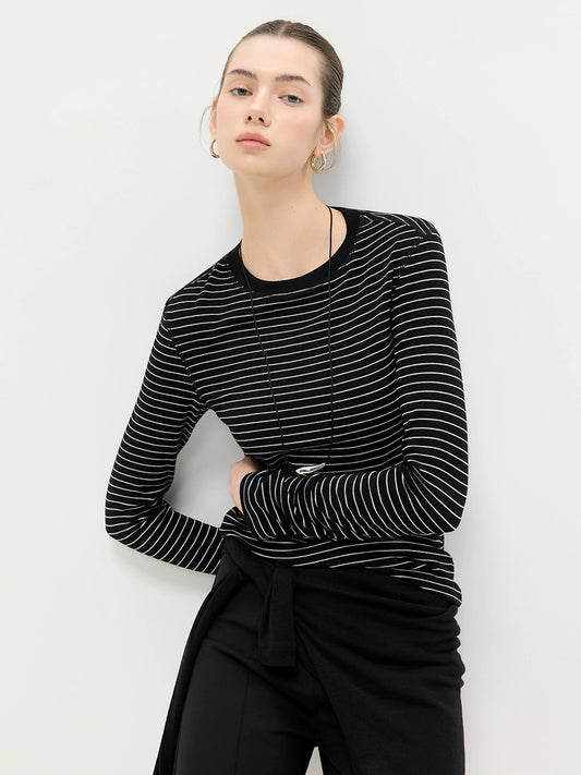 Tencel-Wool Striped Long Sleeve Top