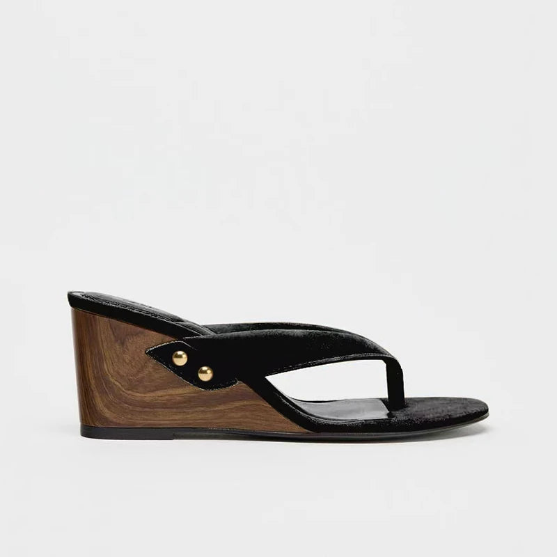Women's Wood-Look Wedge Heel Thong Sandals