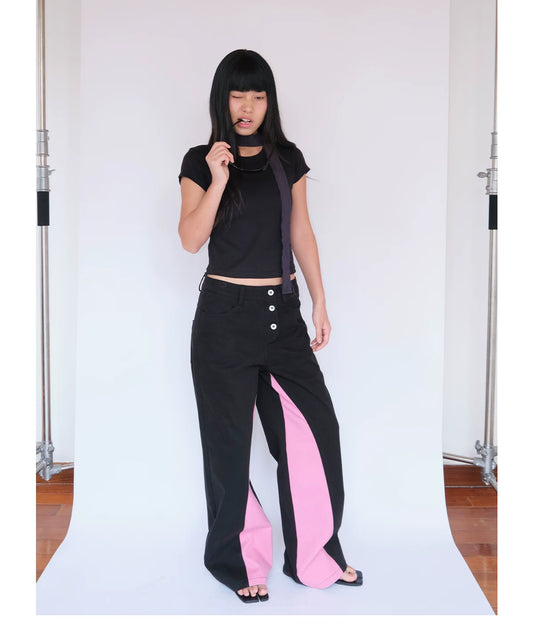 Contrast Panel Washed Wide-Leg Pants