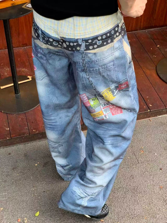 Light blue jeans, rear three-quarter view showing patch details