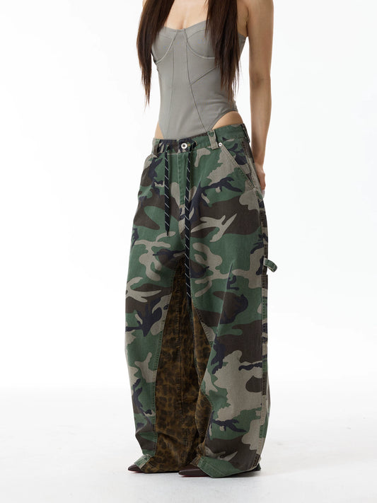 Leopard Panel Camouflage Cargo Pants in green camouflage with brown leopard print panel