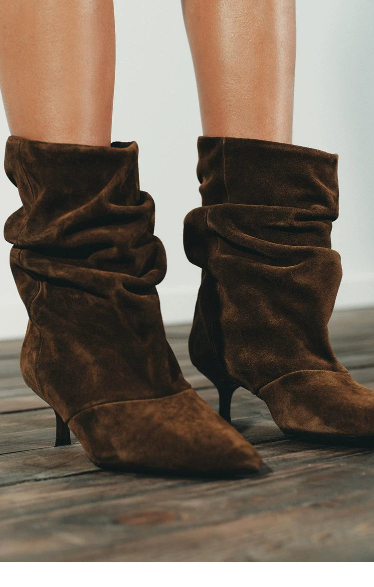 Women's Ruched Pointed Toe Kitten Heel Ankle Boots