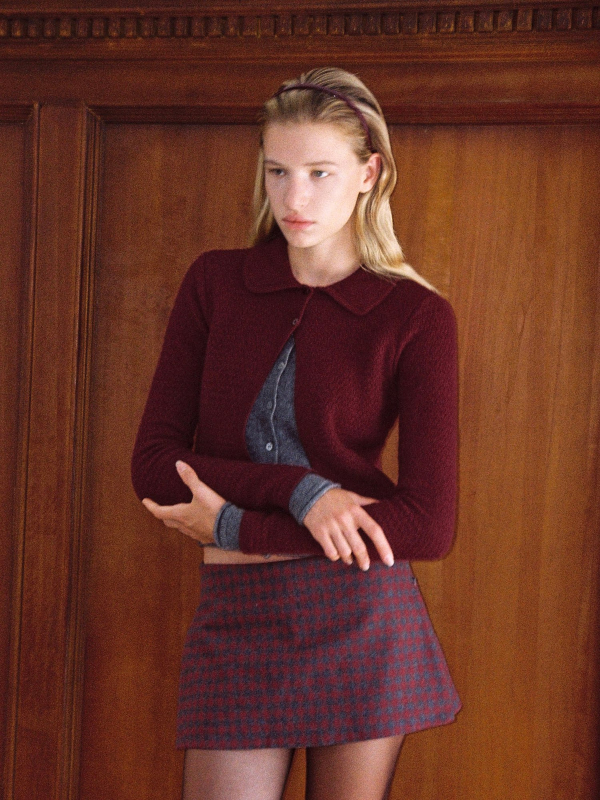 Contrast Collar Layered Wool Cardigan