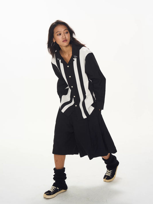 Contrast Stripe Button Up Shirt black and white product view