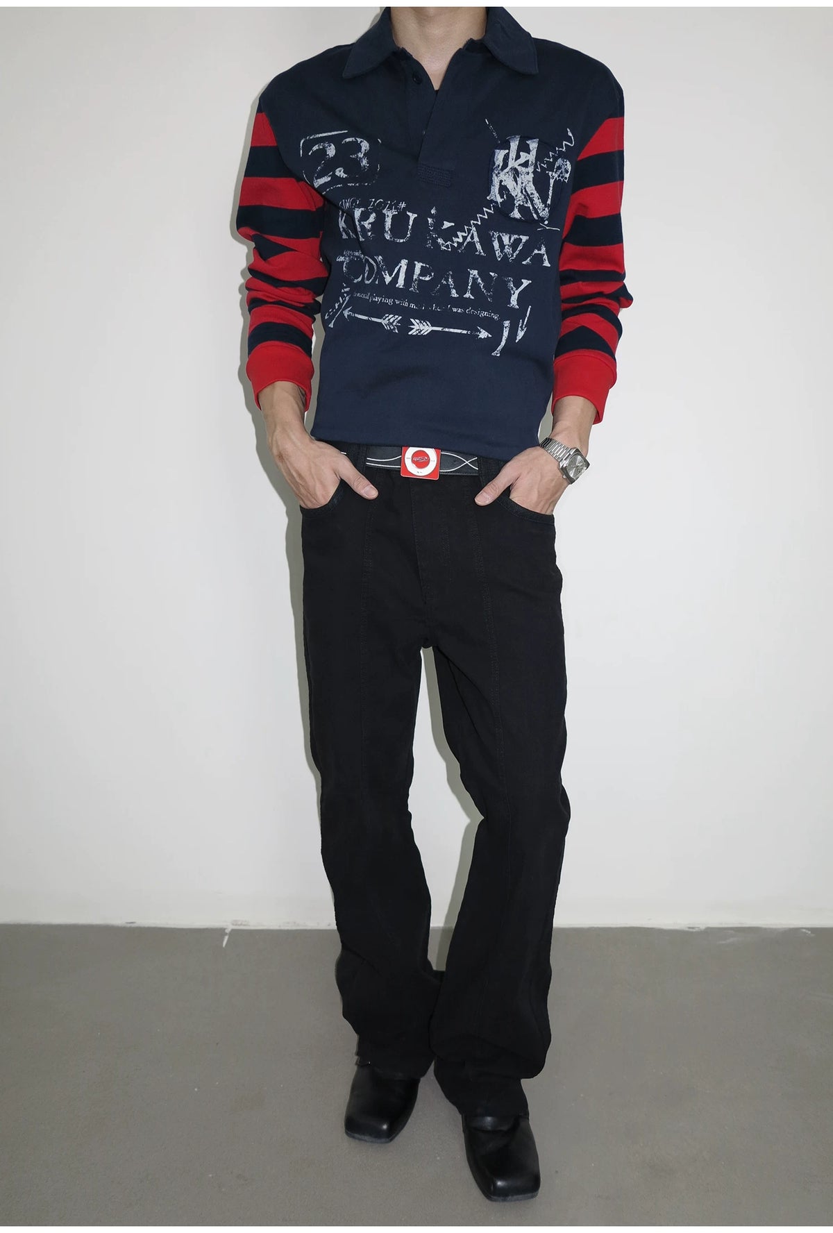 Black jeans, front view on model