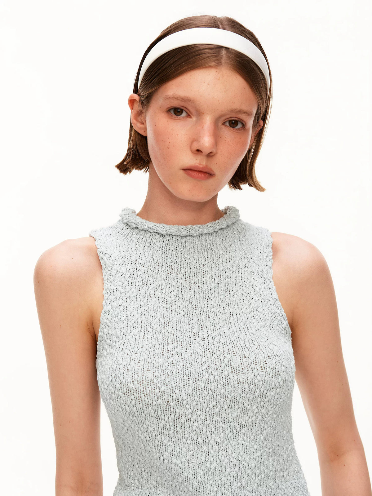 High Neck Textured Cotton Knit Tank Top