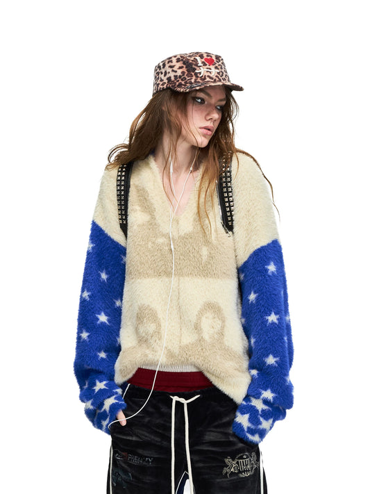 Blue Yellow Pattern Knit Sweater — blue and yellow patterned sweater view