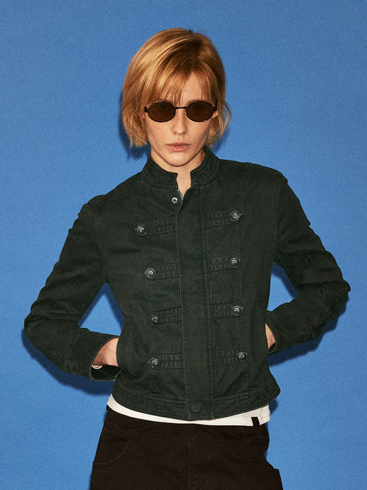Washed Napoleon-Inspired Cropped Workwear Jacket