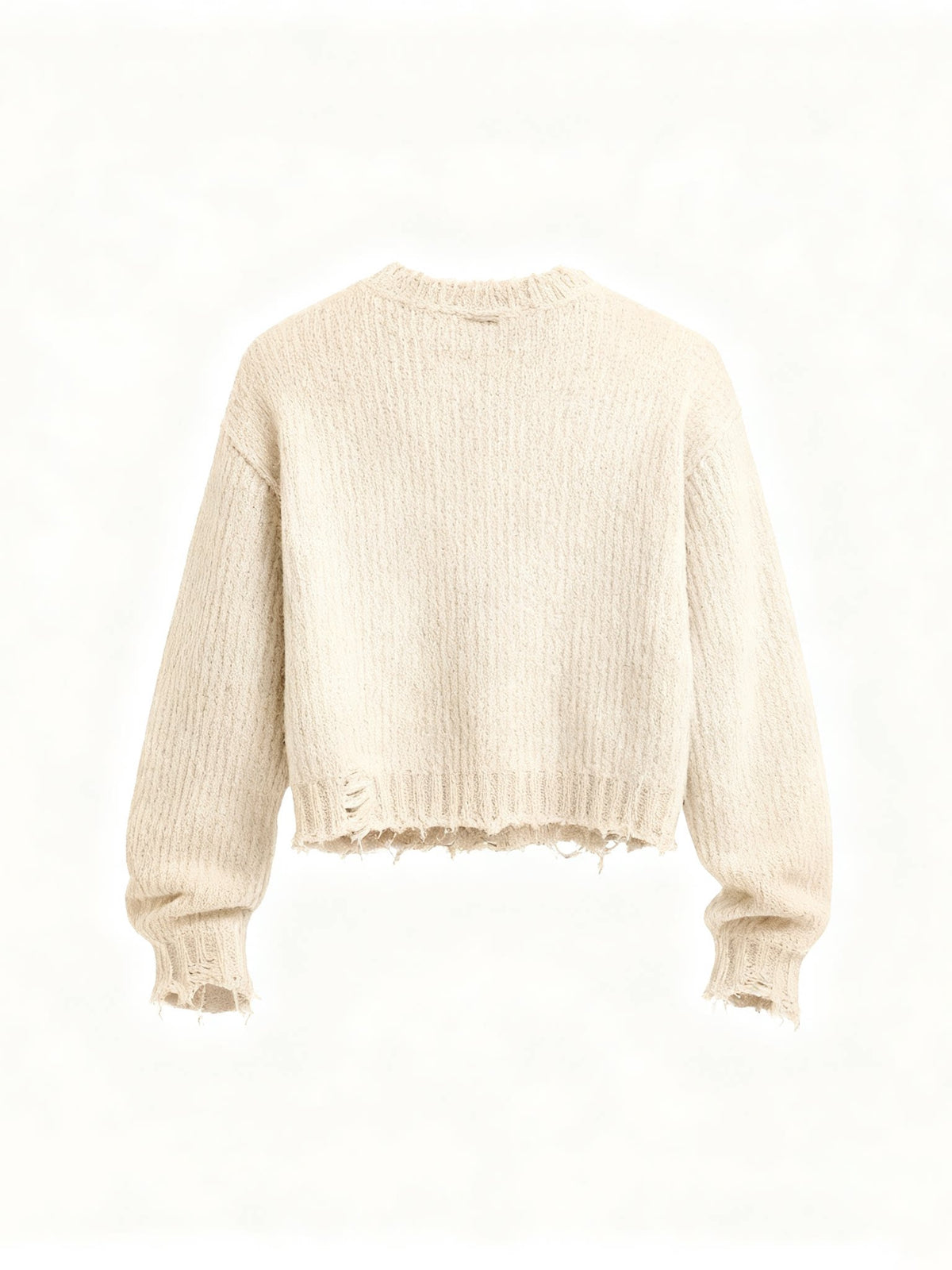Back view of an off-white distressed knit sweater with a plain knit back