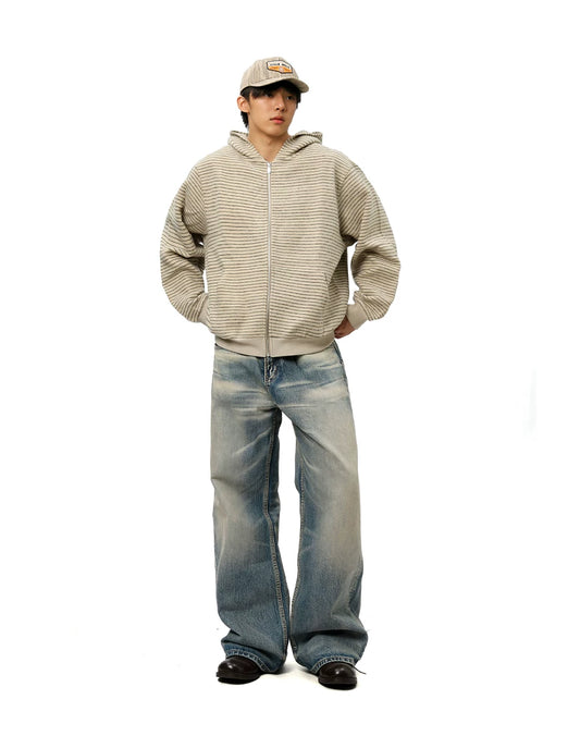 Straight Leg Jeans styled with a knit zip hoodie, full-length view