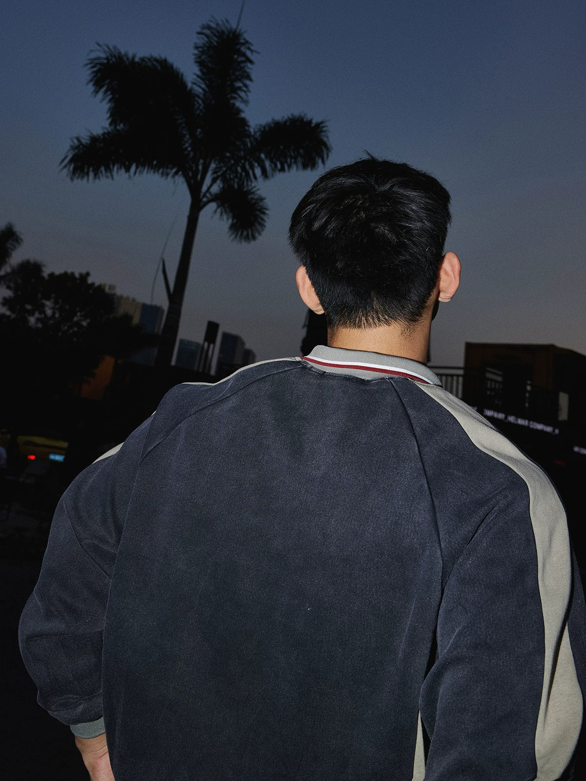 Charcoal pullover sweatshirt with gray sleeves, back view on model