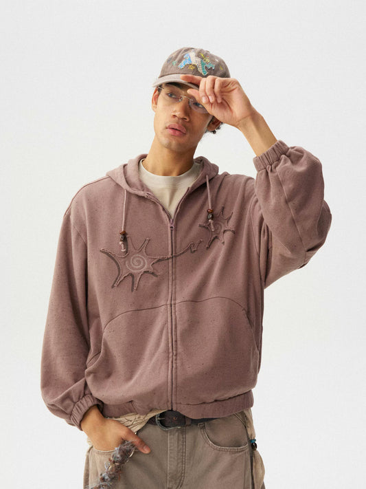 Dusty rose zip hoodie, front view with chest embroidery