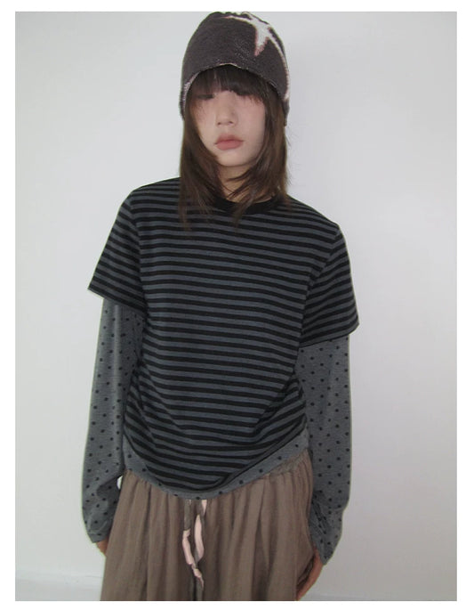 Grey Polka Dot Stripe Layered Long-Sleeve Tee - view 2