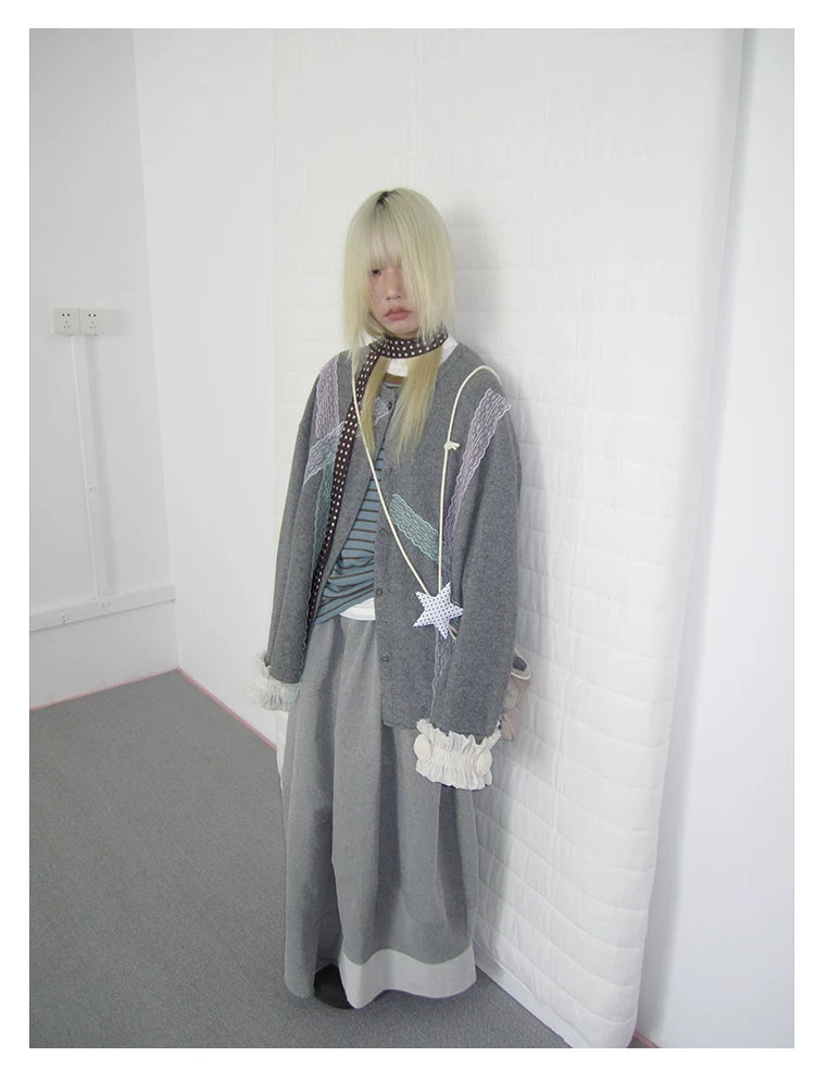 Grey Lace-Trim Ruffle Cuff Cardigan