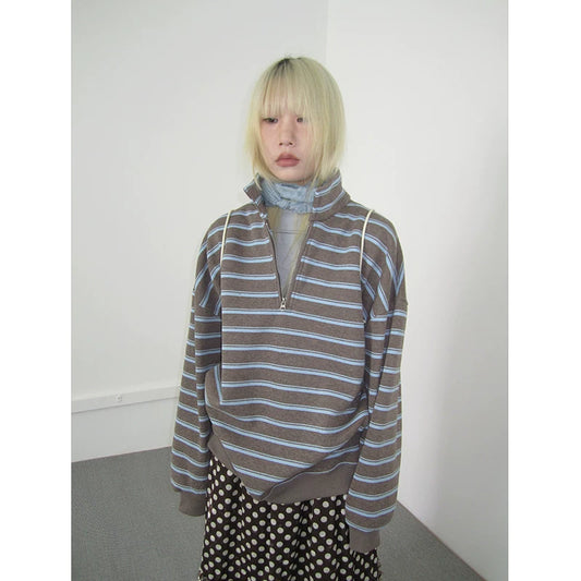 Brown Stripe Half-Zip Sweatshirt - view 2