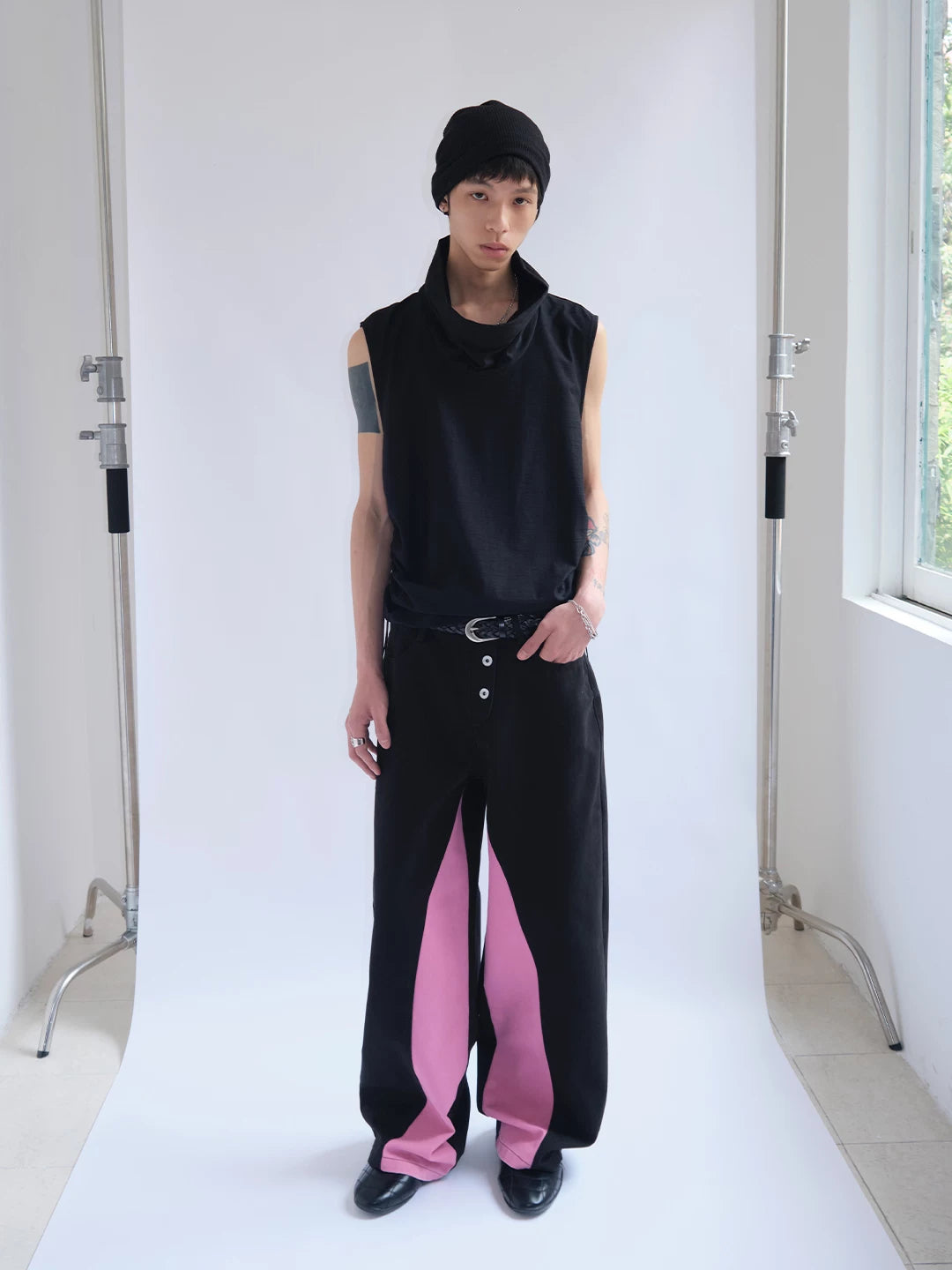 Contrast Panel Washed Wide-Leg Pants