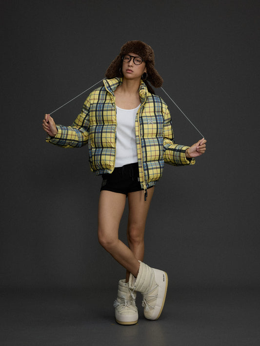 Yellow Plaid Hooded Puffer Jacket product photo, yellow plaid