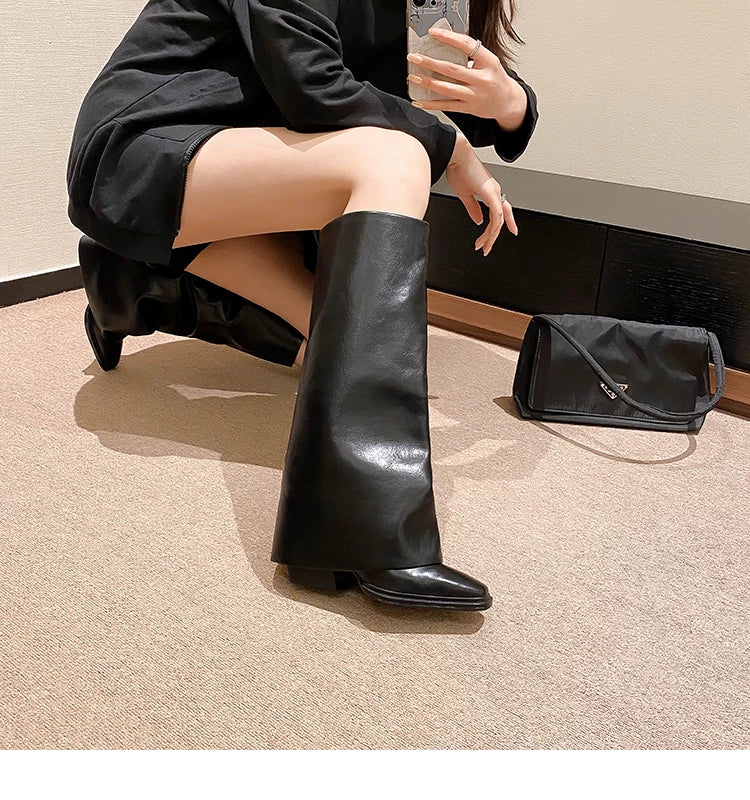 Women's Square Toe Wide-Shaft Block Heel Knee-High Boots