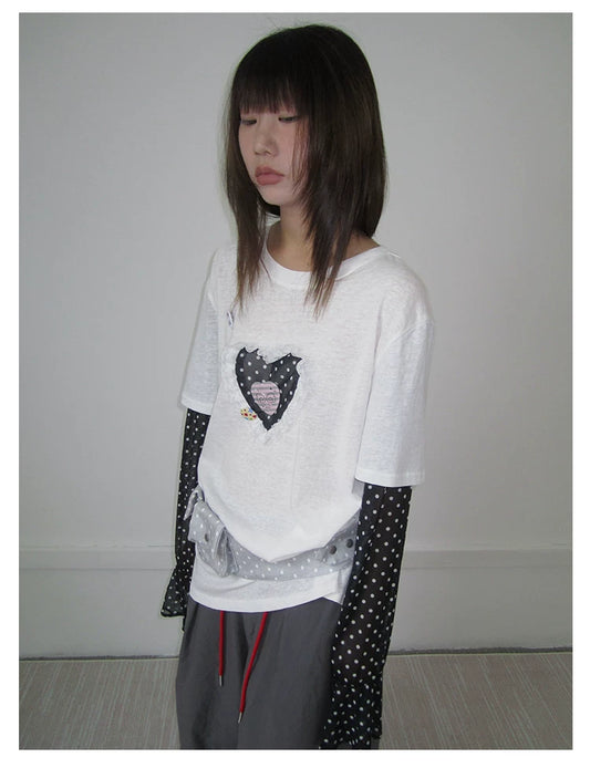 Heart Applique Polka Dot Long Sleeve Tee - view 2