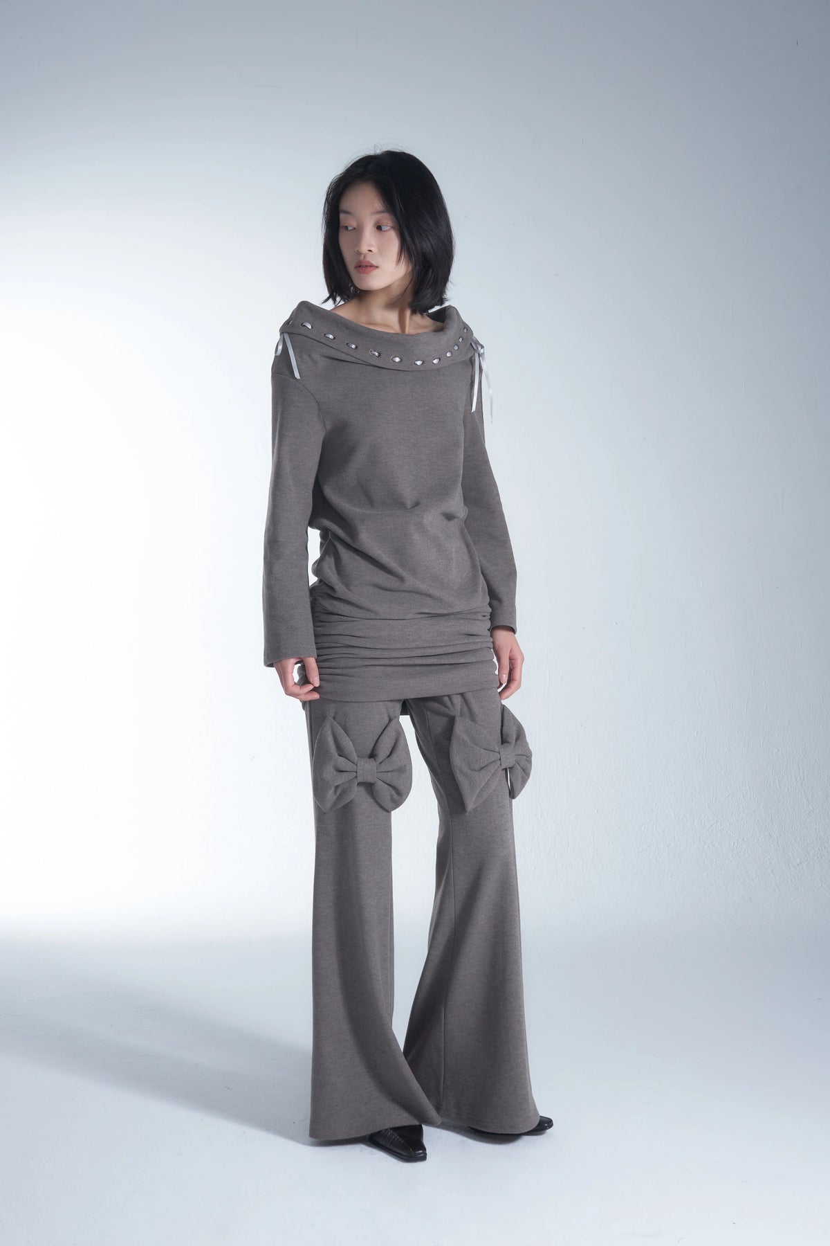 TROPICEYE Off-Shoulder Knit Mini Dress — Camel Grey