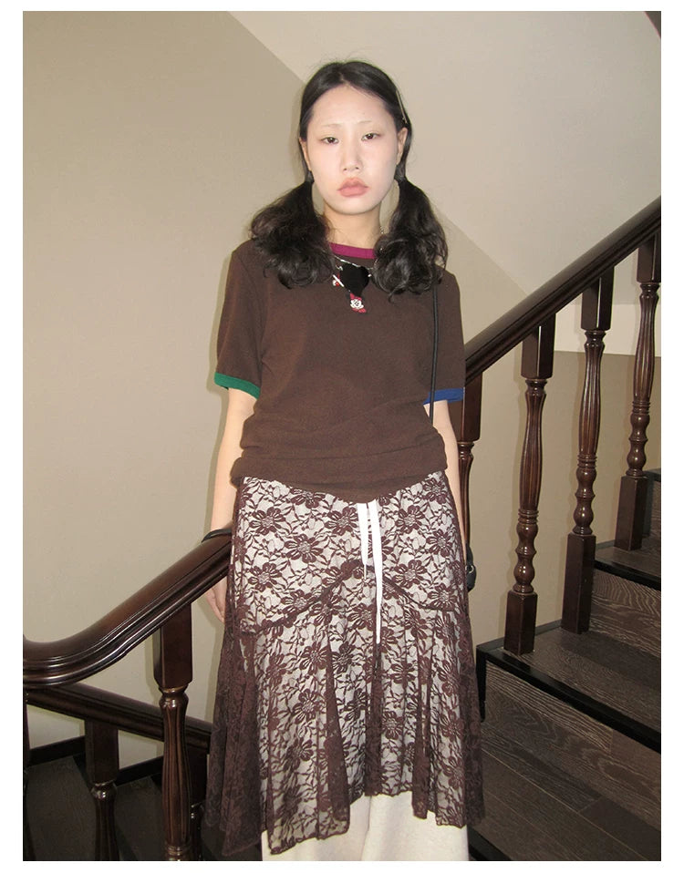 Lace Overlay A-Line Midi Skirt