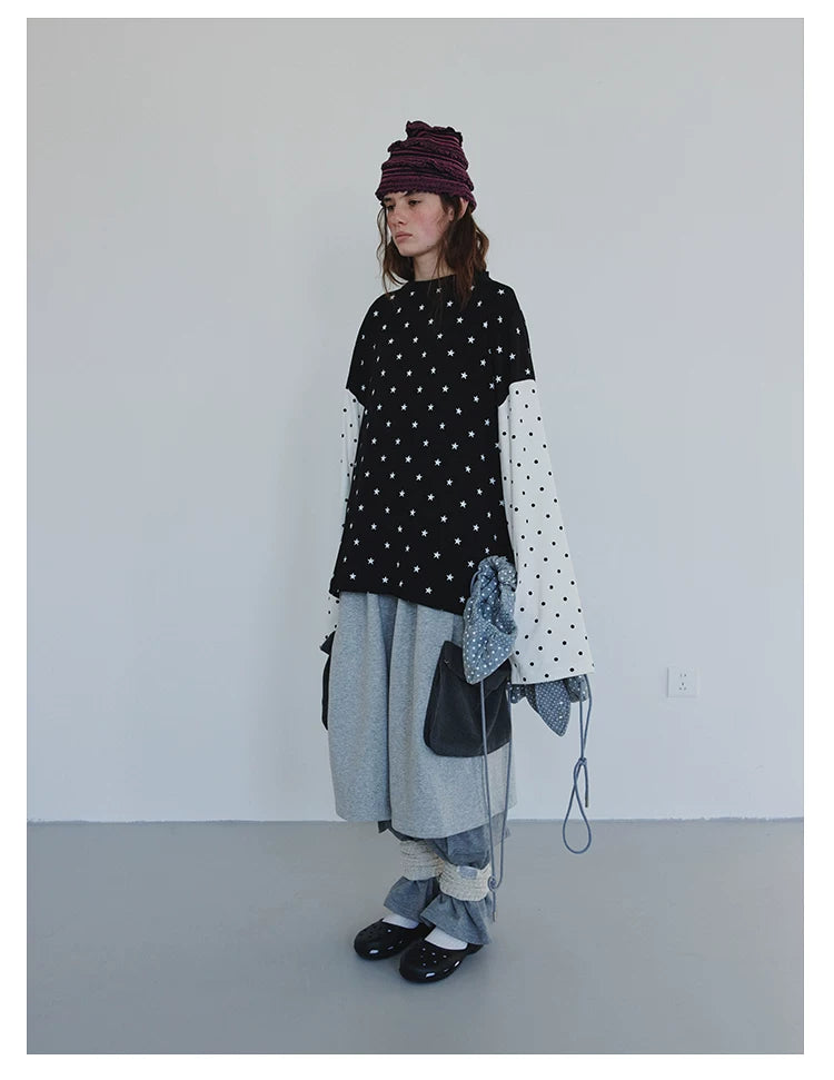 Star and Polka Dot Patchwork Long-Sleeve Top
