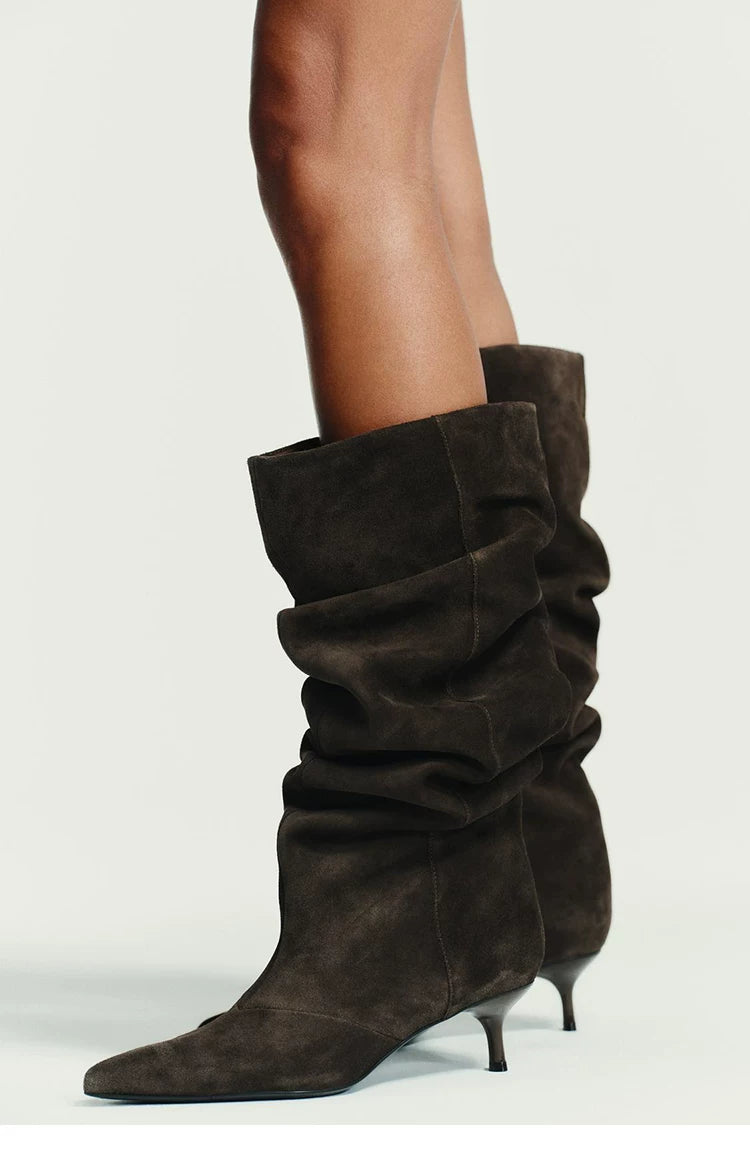 Women's Ruched Pointed Toe Kitten Heel Knee-High Boots