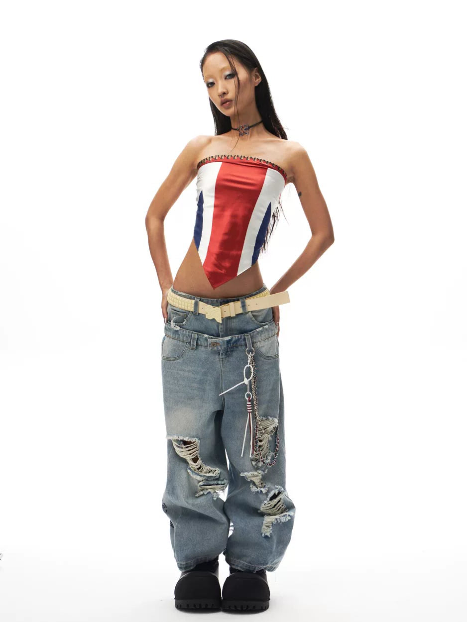 Leopard and Flag Print Bandana styled as a top with jeans