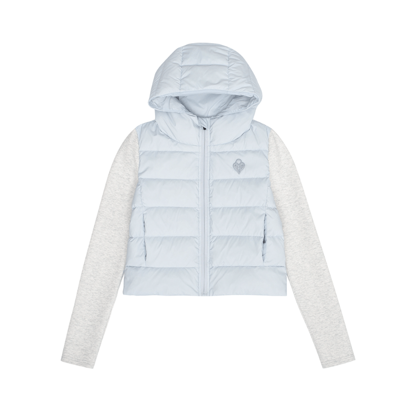 women's blue down jacket - knit paneled ultra light hooded puffer winter coat