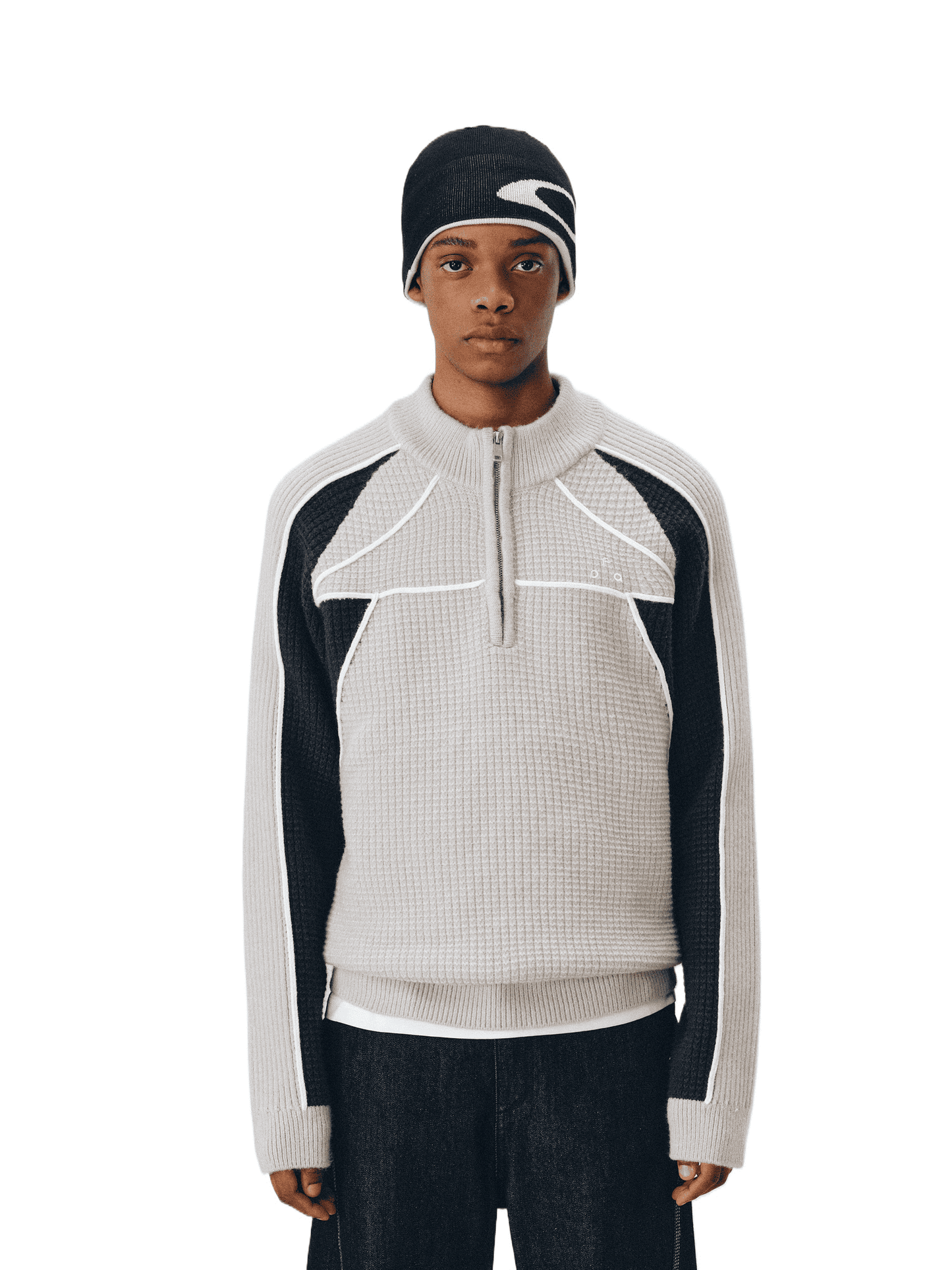 The EastLyst Color Block Half Zip Sweater features a navy and white geometric design with blue accents, long sleeves, a textured knit, and premium warmth—perfect for autumn and winter.
