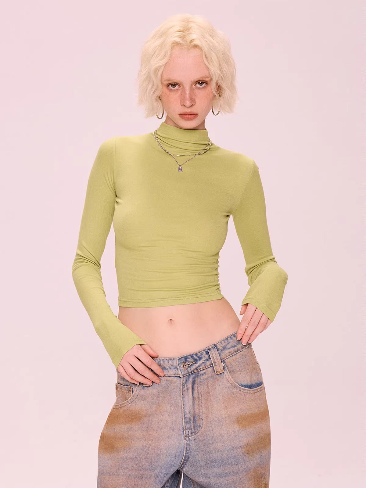 Cropped High Neck Long Sleeve Top