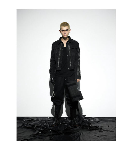 Caged Bird Vein Print Leather Jacket — worn by a model