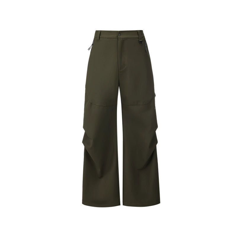 Women's Army-green hiking softshell trousers - wide leg relaxed fit high waist with zippered pockets outdoor