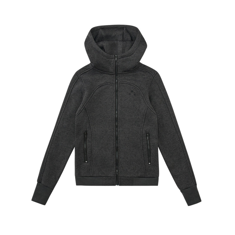 Women's cropped hooded zip up fleece jacket - dark gray heavyweight knit high collar wide cuffs oversized cozy