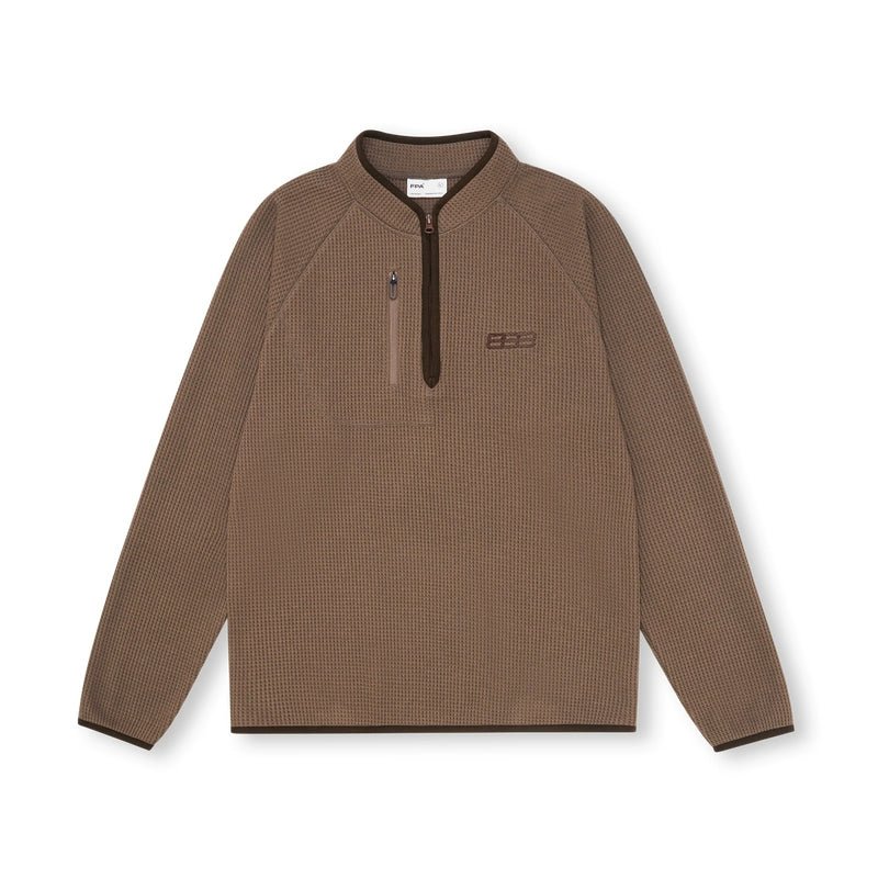Men's heavyweight waffle knit hoodie - brown pullover with magnetic closure black trim crew neck casual